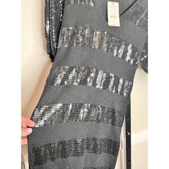 Express Black Sequin Embellished Striped V-Neck 3/4 Sleeve Y2K Style Mini Dress - Picture 4 of 8